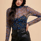 Annie Wear Women's Black/Blue Floral Lettuce Hem Sheer Mesh Top