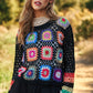 DAVI & DANI Floral Crochet Striped Sleeve Cropped Knit Sweater