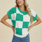 DOUBLE TAKE Full Size Checkered Round Neck Short Sleeve Sweater