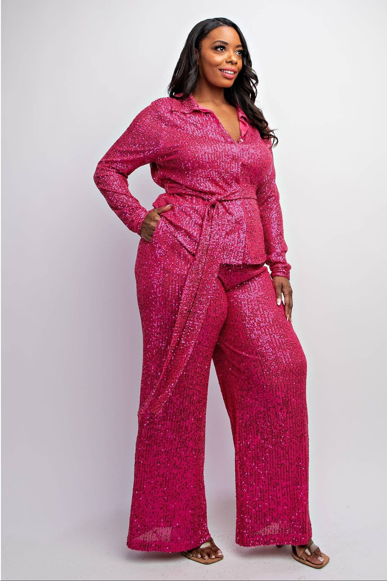 SYLVIA Luxury Plus-size Sequin Shirt & Wide-leg Pants Set Outfit