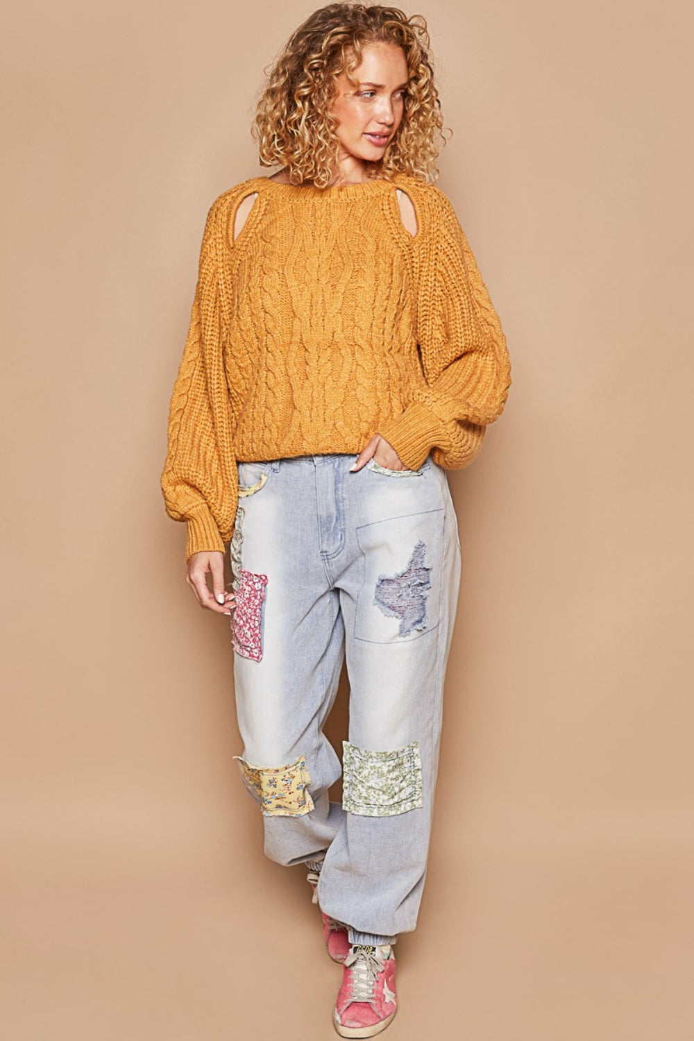 POL Cable Knit Cutout Long Sleeve Sweater in Color Honey Mustard