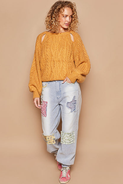 POL Cable Knit Cutout Long Sleeve Sweater in Color Honey Mustard
