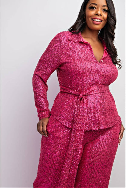 SYLVIA Luxury Plus-size Sequin Shirt & Wide-leg Pants Set Outfit