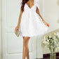 White Applique Tied-Shoulder  V-Neck Mini Cocktail Dress