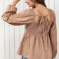 DOUBLE TAKE Tie Back Smocked Long Sleeve Babydoll Blouse