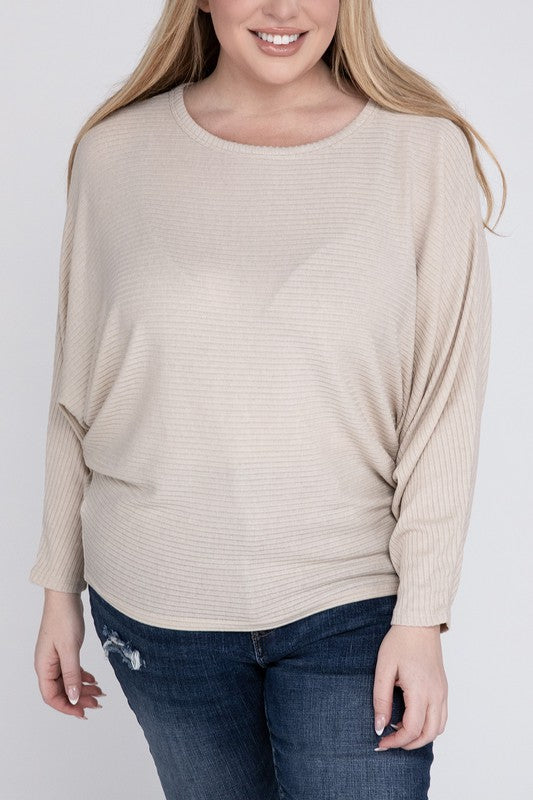 ZENANA Plus Ribbed Batwing Long Sleeve Boat Neck Sweater