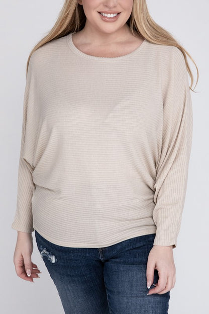 ZENANA Plus Ribbed Batwing Long Sleeve Boat Neck Sweater