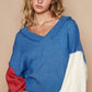 POL Women's Royal Blue Sweater with Exposed Seam Contrast V-Neck Lantern Sleeve