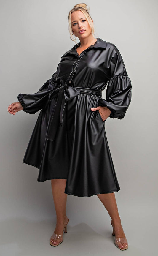VICTORIA Women's Black Plus-size Faux Leather Button-front Midi Dress