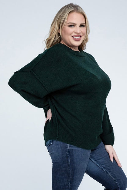 ZENANA Plus Oversized Round Neck Raw Seam Melange Sweater