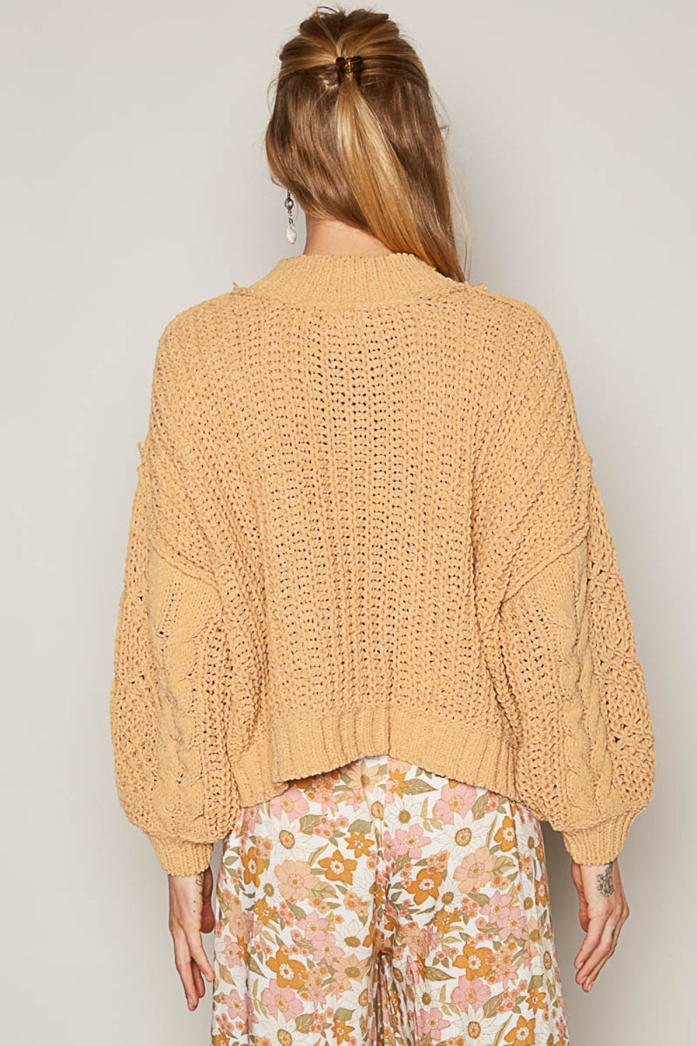 POL Honey Gold Mock Neck Cable Knit Sweater