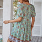 Casual Boho Floral Tie Neck Short Sleeve Mini Dress