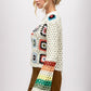 DAVI & DANI Floral Crochet Striped Sleeve Cropped Knit Sweater
