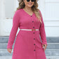 Plus Size Ribbed Buttoned V-Neck Long Sleeve Dress