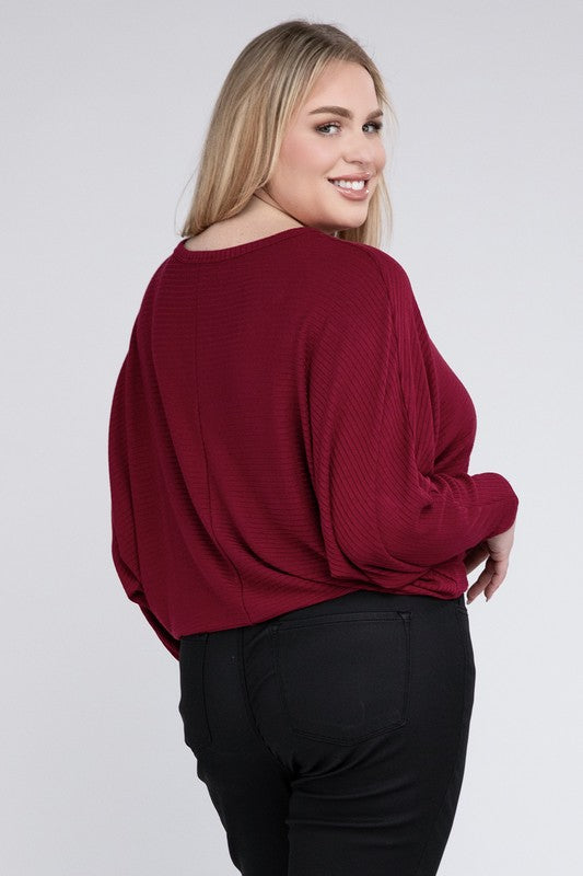 ZENANA Plus Ribbed Batwing Long Sleeve Boat Neck Sweater