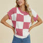DOUBLE TAKE Full Size Checkered Round Neck Short Sleeve Sweater