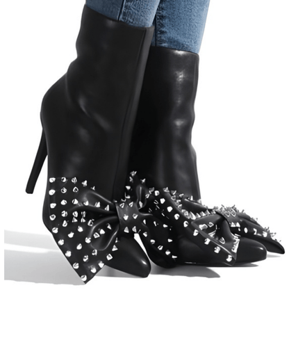 Chic Black Studded Bootie with Bow Tie Detail – Stylish & Comfortable Footwear for Any Occasion