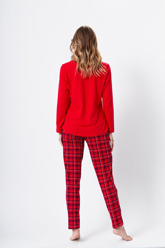 M-MAX 2 Piece Red European Christmas Pajama Set with Long Sleeve Top & Plaid Pants
