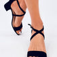 INELLO Women's Black European-made Suede Squared Heels Sandals with Crossed Straps