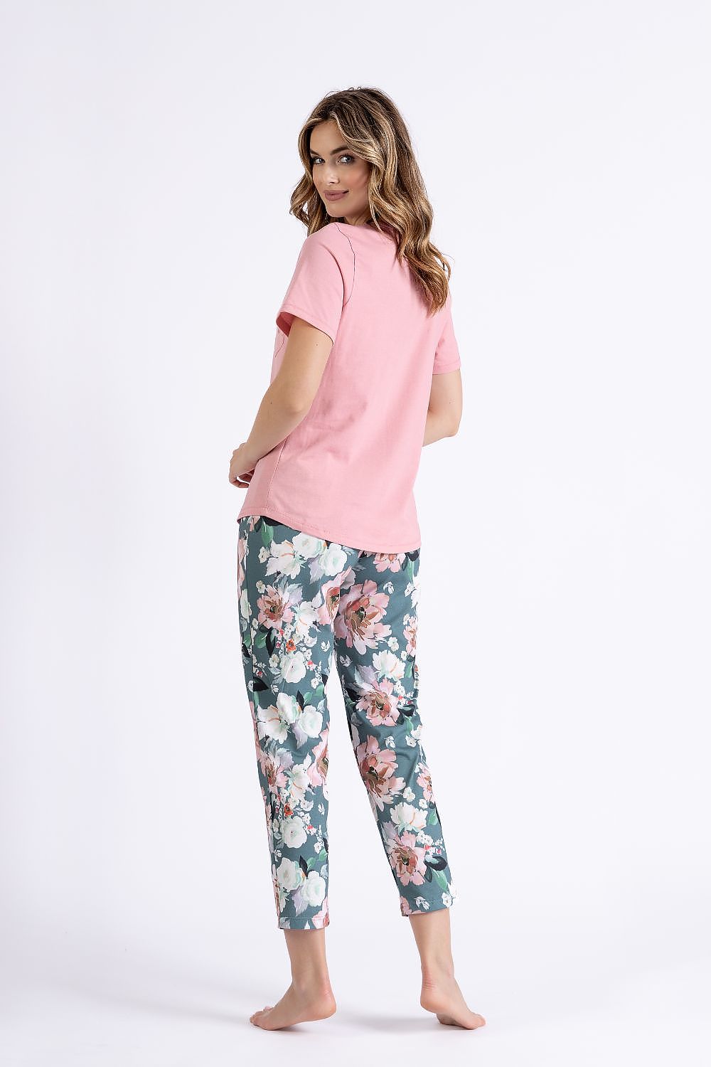 M-MAX 2 Piece Spring European Pajama Set with Blush Short sleeves Top & Floral Plants