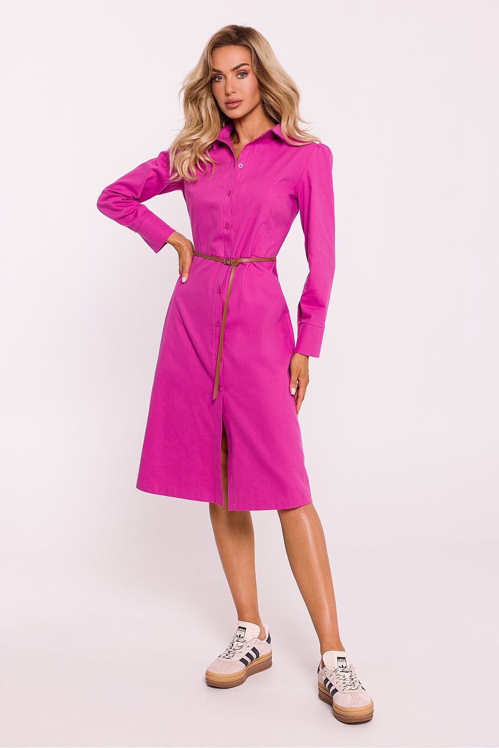 MOE Women's Casual European Buttoned Midi Shirt Dress with Belt