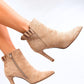 INELLO Women's Suede Beige European Stiletto Ankle-Boots with Back Ruffle
