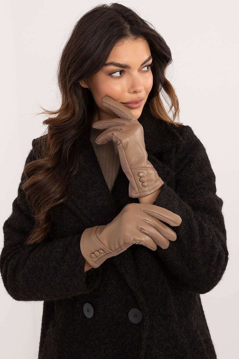 AT Women's Leather European Touche Screen Gloves with Decorative Buttons