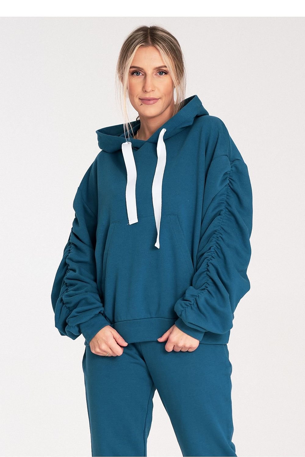 FIGL Women's European Cotton Hooded Sweatshirt with Long Pleated Sleeves