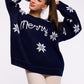 MOE Navy Blue "Merry" Written Oversized Snowflake Christmas Sweater ❄️