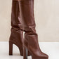 STEP IN STYLE Women's Slip-on Leather European Below-the-knee Heel Boots