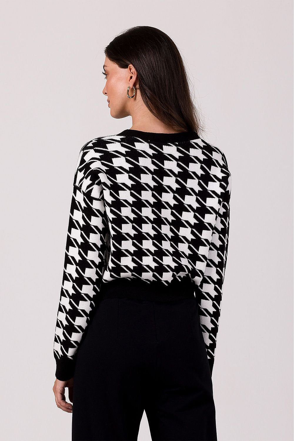 BE KNIT Women's European-made Houndstooth Buttoned-down Cropped Sweater Cardigan