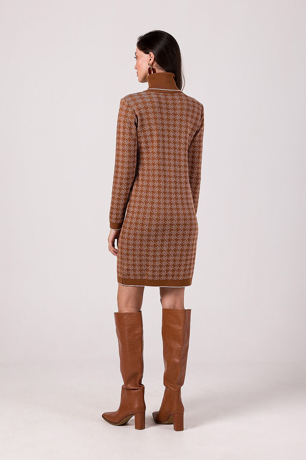 BE KNIT Women's European-made Houndtooth Turtleneck Sweater Dress