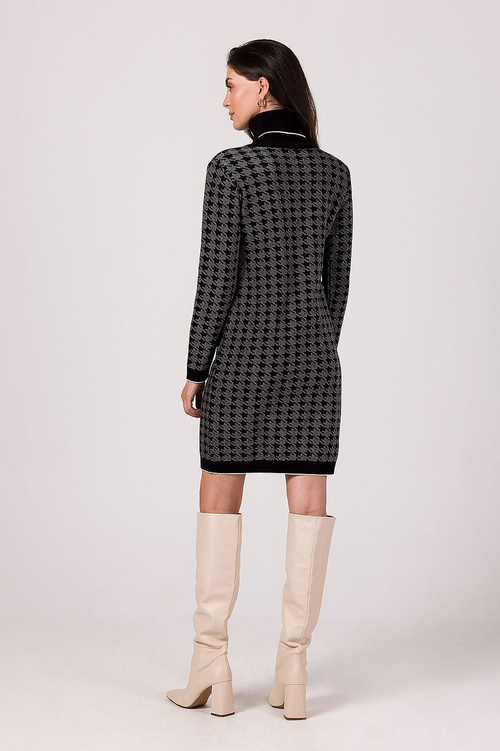 BE KNIT Women's European-made Houndtooth Turtleneck Sweater Dress