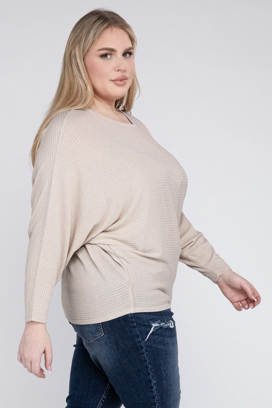ZENANA Plus Ribbed Batwing Long Sleeve Boat Neck Sweater