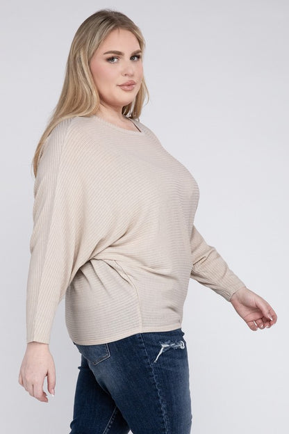 ZENANA Plus Ribbed Batwing Long Sleeve Boat Neck Sweater