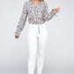 NUVI APPAREL Frill Trim Notched Neckline Blouse