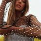 DAVI & DANI Bead and Pearl Embellished Long Sleeves Mesh Top
