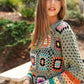 DAVI & DANI Floral Crochet Striped Sleeve Cropped Knit Sweater