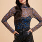 Annie Wear Women's Black/Blue Floral Lettuce Hem Sheer Mesh Top