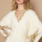 POL Women's Cream Lace Detail Flower Printed V-Neck Knit Top