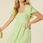 LILOU Light Green Tie Back Dress with Puff Sleeves