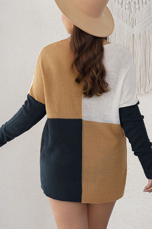 SYNZ Plus Size Color Block Round Neck Sweater