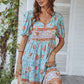 Casual Boho Floral Tie Neck Short Sleeve Mini Dress