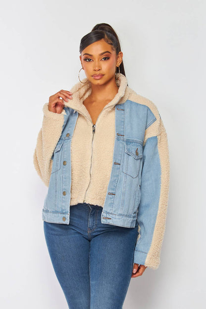 Denim Sherpa Panel Jacket – Cozy Faux Shearling, Relaxed Fit & Classic Style