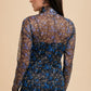 Annie Wear Women's Black/Blue Floral Lettuce Hem Sheer Mesh Top