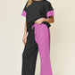 DOUBLE TAKE Full Size Texture Contrast T-Shirt and Wide Leg Pants Set