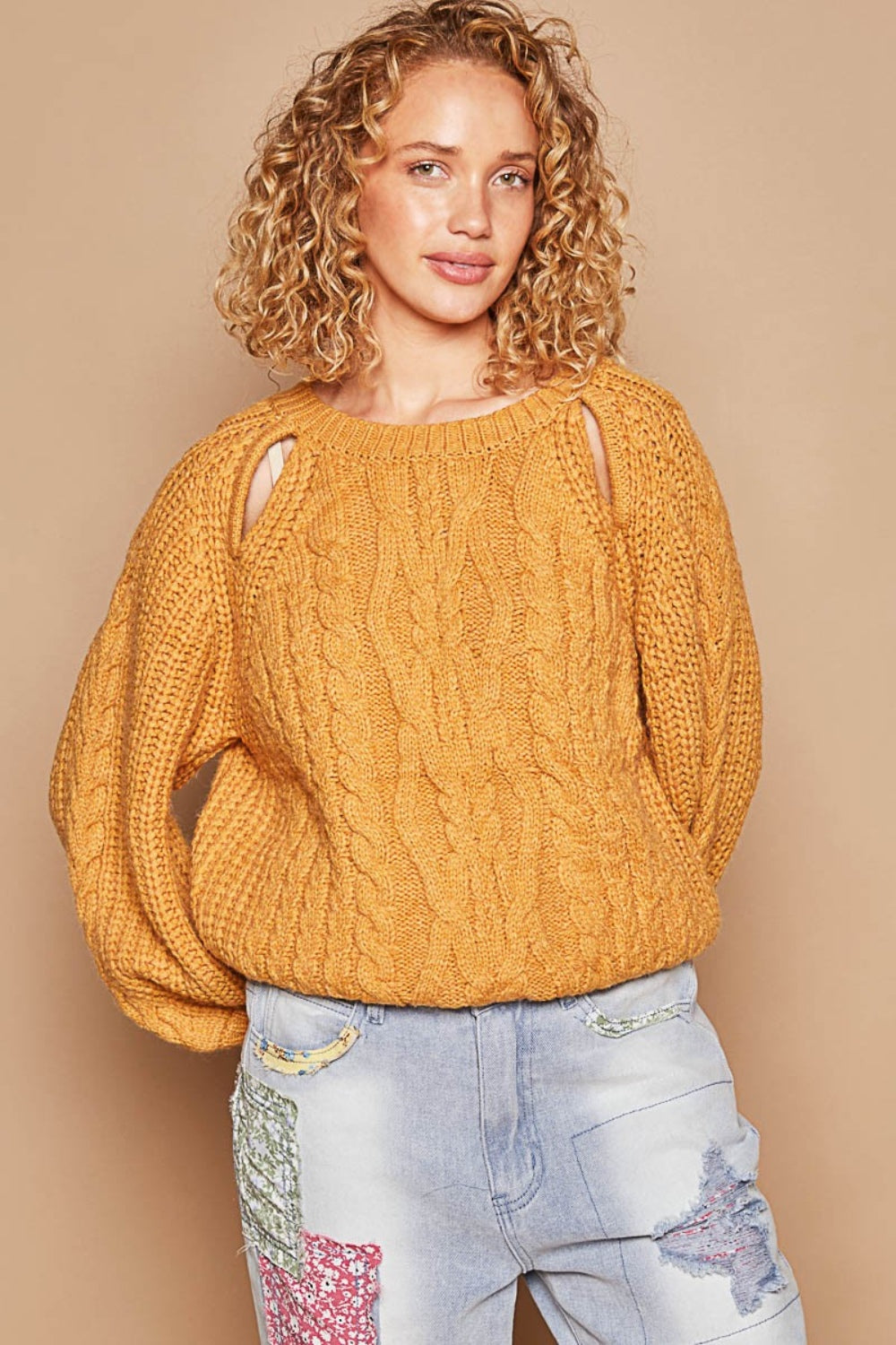 POL Cable Knit Cutout Long Sleeve Sweater in Color Honey Mustard