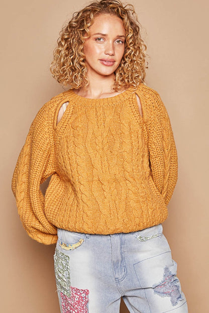 POL Cable Knit Cutout Long Sleeve Sweater in Color Honey Mustard