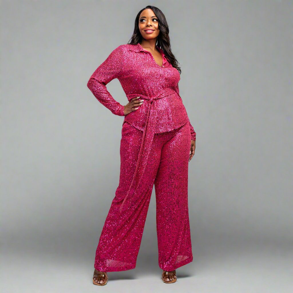 SYLVIA Luxury Plus-size Sequin Shirt & Wide-leg Pants Set Outfit