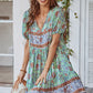 Casual Boho Floral Tie Neck Short Sleeve Mini Dress